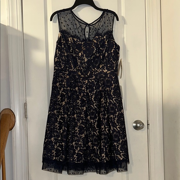 Elegant Navy Lace Dress with Polka Dot Mesh - Picture 4 of 7